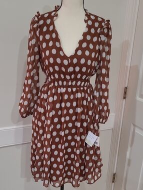 Danny & Nicole Cinnamon and Ivory Polka Dot Long Sleeve V-Neck Dress - Size 4